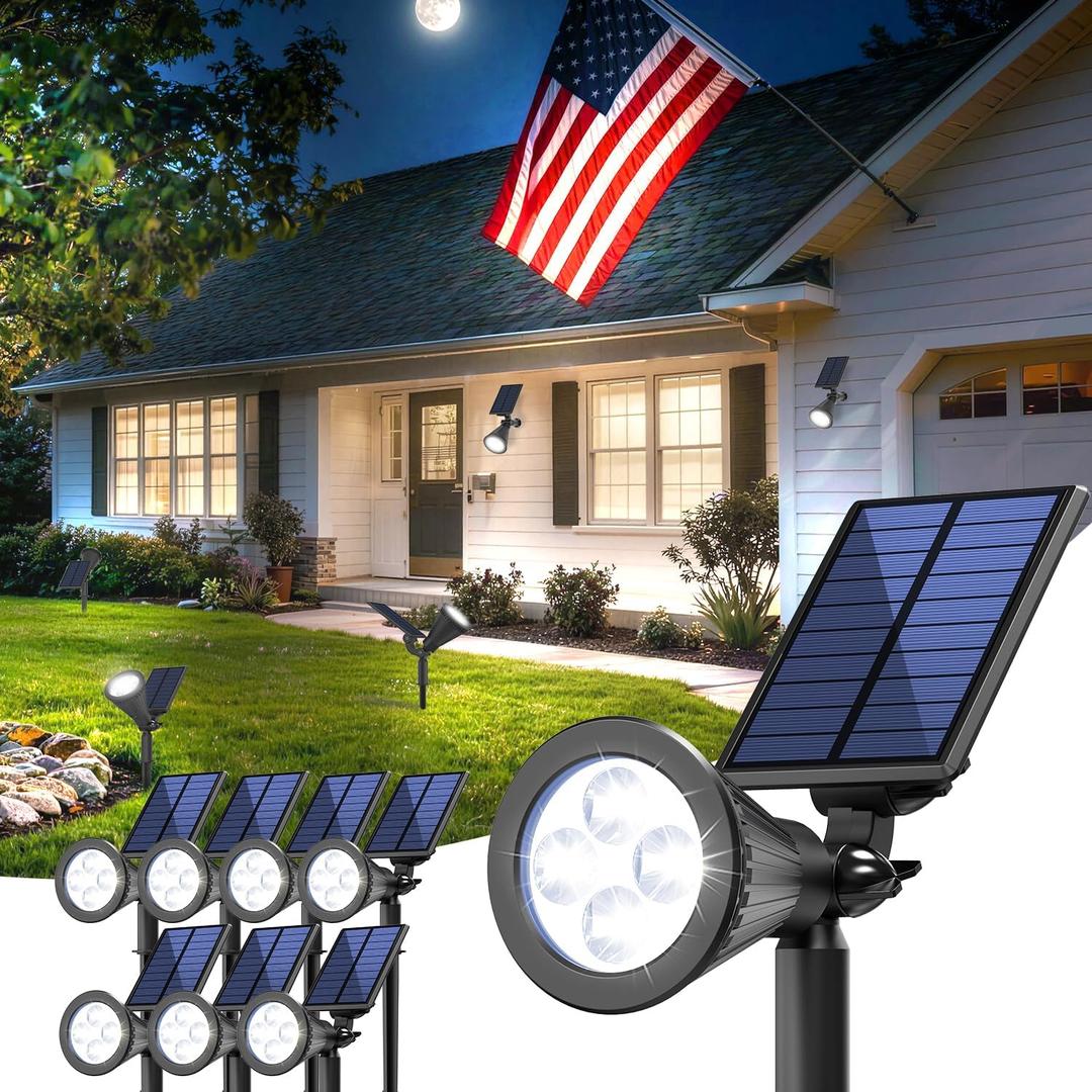 Solar Lights Outdoor Waterproof IP65,6500K Super Bright LED,2 Lighting Modes, Solar Powered Yard Garden Solar Spot Lights for Flag Landscape Auto On/Off-8 Pack (Cool White)