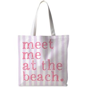Beach Tote Bag, Summer Canvas Striped Tote Bags for Women, Meet Me At The Beach Aesthetic Shopping Bag (Pink&purple)