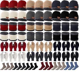 Suhine Winter Hat Scarf Gloves Sock Earmuff Bulk Men Women Warm Fleece Knit Homeless Care Package Supplies Donation Xmas Gift(Modern Color, 90)