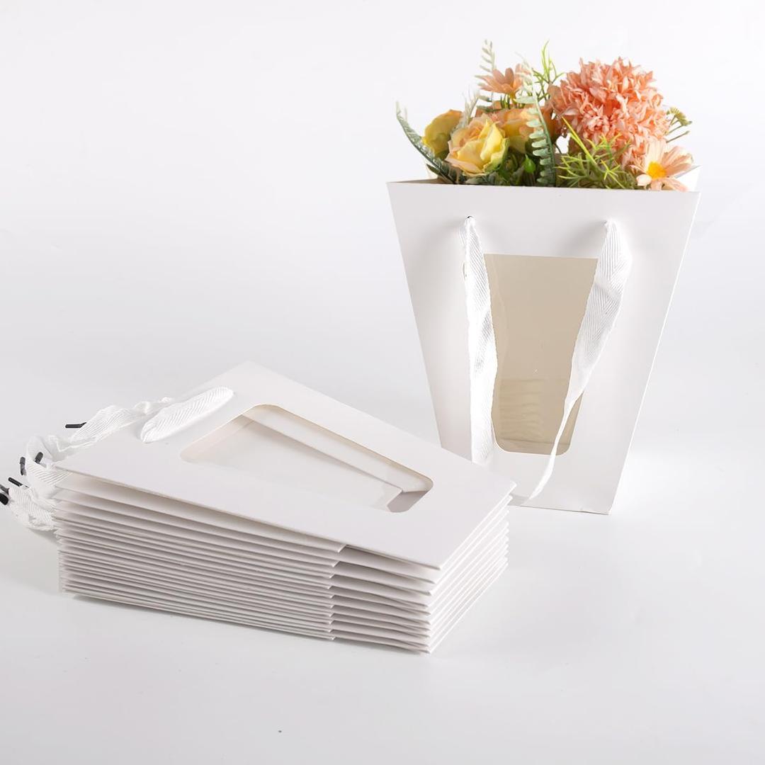 20Packs White Flower Gift Bag with Clear Window, Bouquet Bags with Handle, Party Favor Bags for Mother's Day Wedding Party Birthday