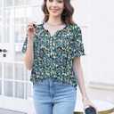 Womens Summer Tops Short Sleeve Boho Floral Shirts Loose Tunics Blouses (L)