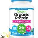 Orgain Organic Vegan Protein + 50 Superfoods Powder, Vanilla Bean - 21g Plant Based Protein, 8g Prebiotic Fiber, No Lactose Ingredients, Gluten Free, No Added Sugar, Non-GMO, 2.02 lb