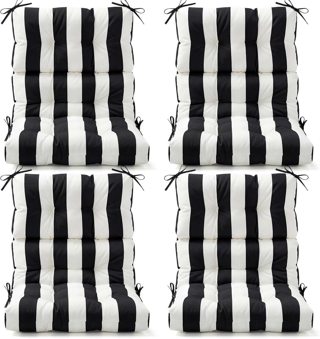 Hoteam 4 Pcs High Back Chair Cushions Set - 44'' x 21'' Indoor Outdoor Waterproof Soft Thicken Stripes Replaceable Cushion for Garden Summer Rocking Chair, Patio Furniture (Black Stripes)