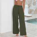 Duyang Womens Cotton Linen Palazzo Pants Drawstring Elastic Waist Casual Wide Leg Trousers with Pockets (Green), Large