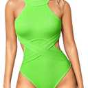 OQQ Women's One Piece Swimsuits Tummy Control High Waisted Cross Bathing Suit Wrap Tie Back 1 Piece Swimwear Fluore Green, M