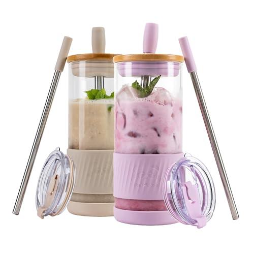 Pandaloo® Glass Cups With Lids and Straws -20 Fl Oz- Perfect Size Iced Coffee Cup - Smoothie Cup With Bamboo Lid and On the go Lid - Glass Tumbler (2 Count (Pack of 1), Lilac-Creamy Mushroom)