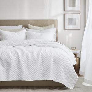 palassio White 100% Cotton Quilt Queen Size Bedding Sets with 1 Pillow Shams, Lightweight Textured Farmhouse Country Bedspread Soft Shabby Chic Patterned Coverlet for All Season, 3 Pieces