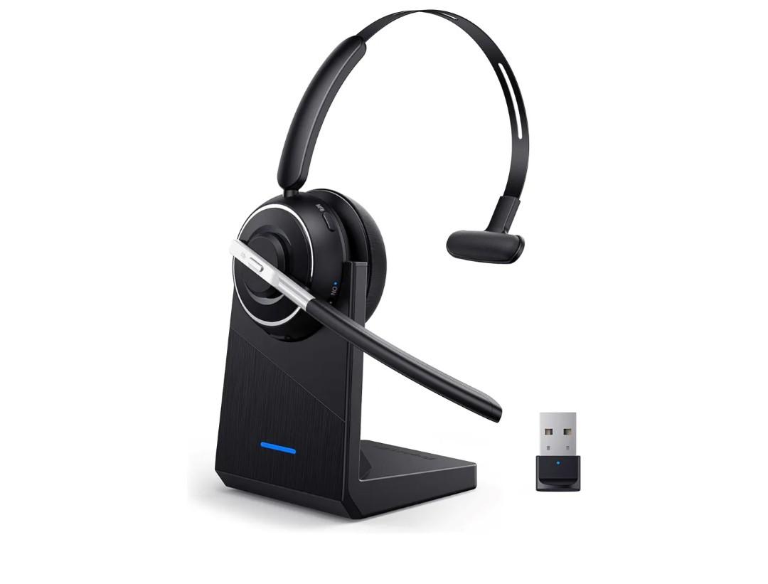 Bluetooth Headset, Wireless Headset with Microphone for PC, V5.2 Computer Headset with Noise Cancelling Mic, USB Dongle, Charging Base & Mute Button for Work, Cell Phones, Computer (Black)