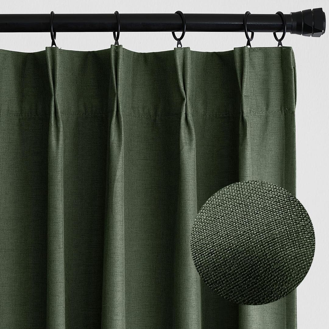 MIULEE Pinch Pleated Curtains Blackout 84 Inch Long, Linen Pinch Pleat Curtains with Hooks for Bedroom, Thermal Insulated Noise Reducing Window Drapes for Living Room Track, 2 Panels, Olive Green