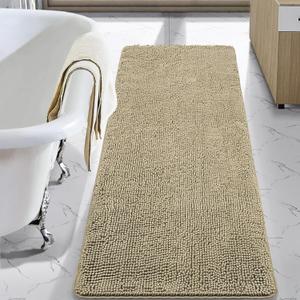 LOCHAS Luxury Bathroom Rug Shaggy Bath Mat 24 x 60 Inch, Washable Non Slip Bath Rugs for Bathroom Shower, Soft Plush Chenille Absorbent Carpets Mats, Beige