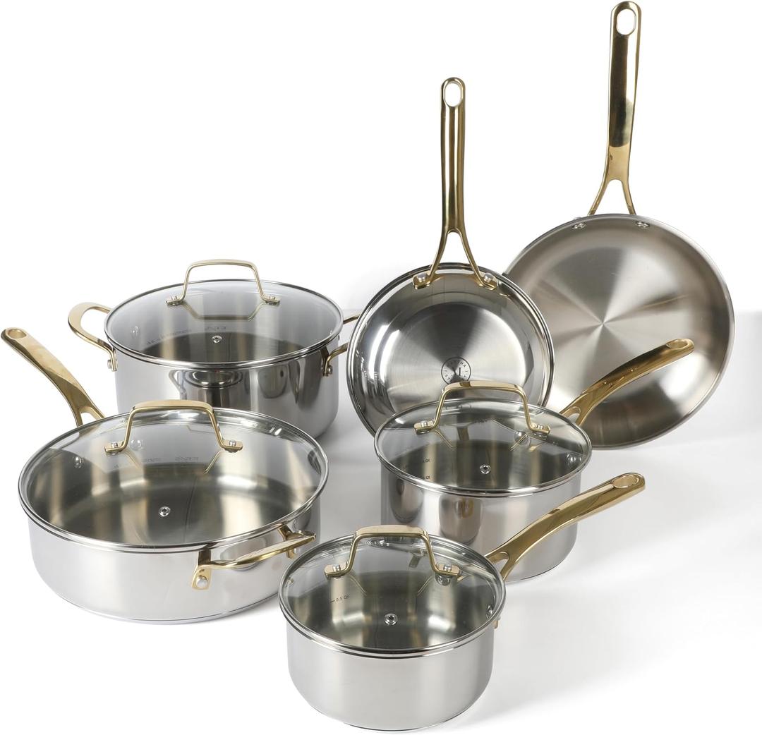 Martha Stewart Castelle 10 Piece 18/8 Durable Stainless Steel Induction Safe Pots and Pans Non-Toxic Kitchen Cookware Set - Gold Handles - Dishwasher Safe