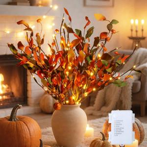 3 PCS Fall Decor LED Lighted Branches Lights with Timer with Artificial Fall Stems Pumpkins, Battery Operated, Autumn Twig Fairy Lights for Vase Living Room Bedroom Thanksgiving Party Indoor Outdoor