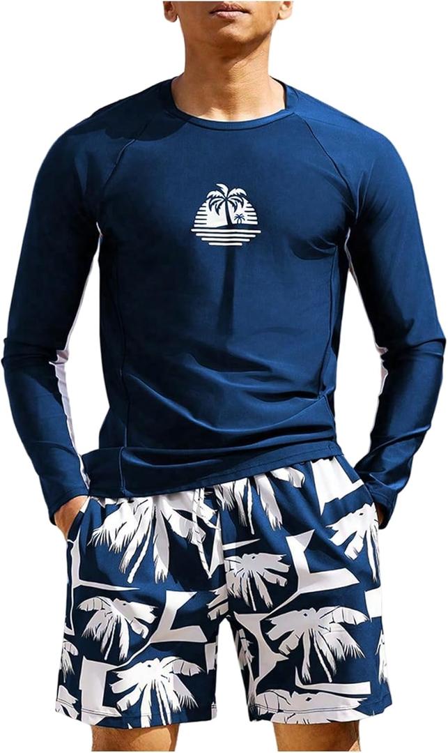 SOLY HUX Mens Swimsuit Long Sleeve Rash Guard Swim Shirt and Shorts 2 Piece Bathing Suit Swimwear Set, M