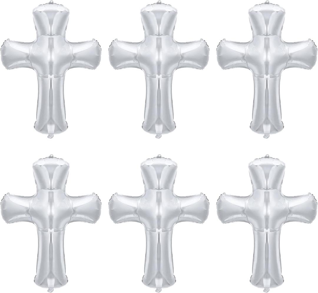 6 Pcs 34 Inch Cross Balloon Jumbo Baptism Large Memorial Balloons Communion Christening Religious Foil Party Balloon for Xmas Home Outdoor Decorations(Silver)