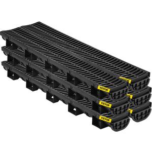 VEVOR Trench Drain System 6 Pack, Channel Drain with Plastic Grate 5.8 x 3.1 in HDPE Drainage Trench, Black Plastic Garage Floor Waterway 6 x 39 in with 6 End Caps for Garden Driveway