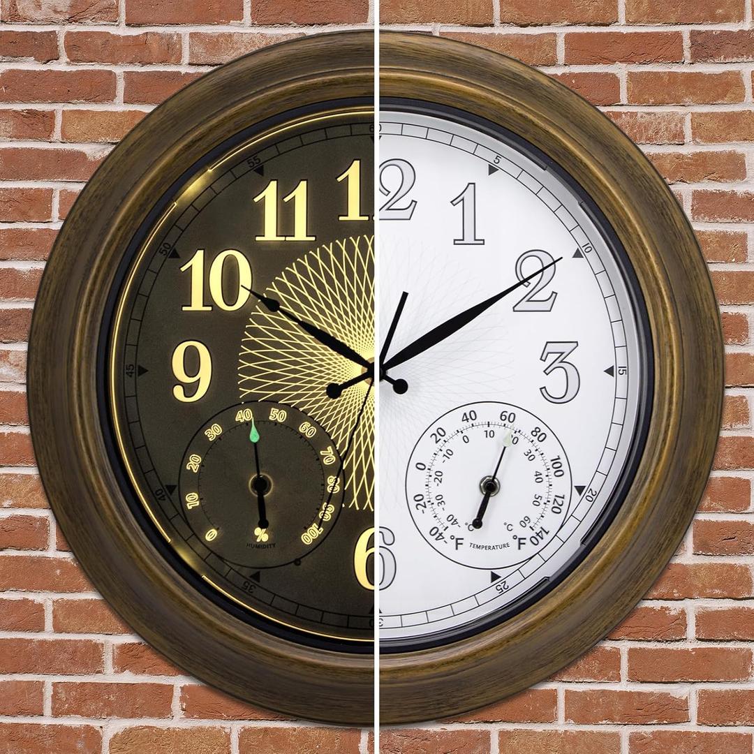 18 Inch Outdoor Clocks Waterproof for Patio with Thermometer Hygrometer Combo Large Clocks with Smart Sensor Lighted Metal Wall Clocks Battery Operated for Pool Garden Indoor Decorative (Brown)
