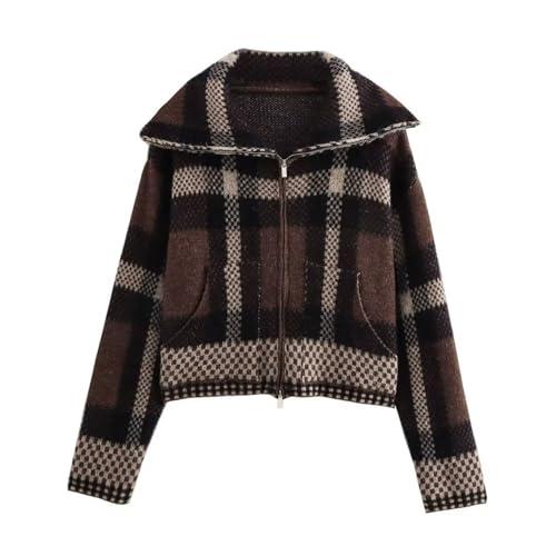 Chevara Women’s Checkered Cardigan Sweater Vintage Lapel Collar Long Sleeve Zip Up Knit Sweatshirt Jacket(0198-Brown-M-CW)