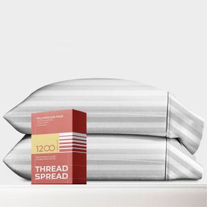 Thread Spread 100% Egyptian Cotton Pillow Cases Standard/Queen Size Set of 2 - Luxury 1200 Thread Count Sateen White Stripe Pillow Cases, Soft Cotton Pillowcases Fits Standard & Queen Pillows