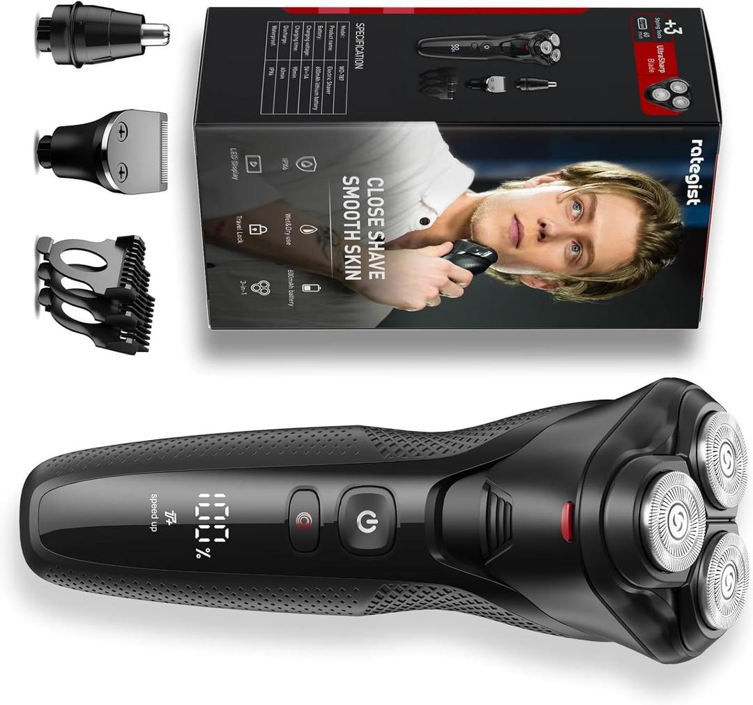 Men's 3-in-1 Electric Shaver & Trimmer Kit: Turbo Speed for a Close Shave, IPX7 Waterproof, Complete Travel Grooming Set for Beard, Nose & Sideburns