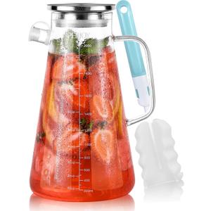 Glass Pitcher with Lid, 68 oz Leak Proof Hot/Cold Water Pitcher, Lemonade, Juice, Coffee, Sun Tea and Iced Tea Pitcher for Drinks, Borosilicate Beverage Carafe Jug