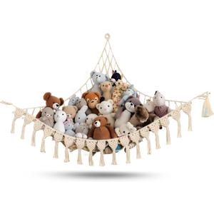 Extra Large Stuffed Animal Hammock with LED Lights 100% Natural Cotton Macrame Toy Storage Net for Plushies & Squishmallows Boho Macrame Corner Organizer for Kids Room or Nursery (Beige)