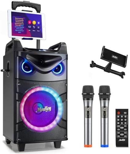 Moukey Karaoke Machine with 2 UHF Wireless Microphones, Portable Bluetooth PA System Speaker, Lyrics Display Tablet Holder, Party Lights & Echo/Treble/Bass Adjustment Support TWS/REC/AUX/MP3/USB/TF/FM