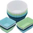 24Pack Silicone Muffin Cups, Reusable Cupcake Liners Molds for Baking, 3 Shapes Lunch Box Bento Dividers-Round, Square, and Rectangular (Neutral Colors, Large Size)