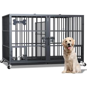 Dosker 42 inch Heavy Duty Metal Dog Crate with Divider for 2 Dogs/Large Dog, All Metal Open Top Escape Proof Cage, Indoor Dog Kennel with Wheels, Floor Grid, Tray, Feeding Bowl