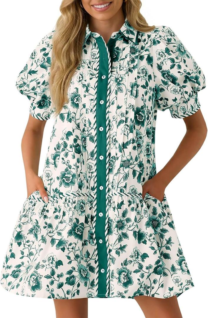 Wenrine Womens Mini Dress Summer Casual Short Puff Sleeve Floral Collared V Neck Loose Button Down Shirt Dress with Pockets (Green, XL)