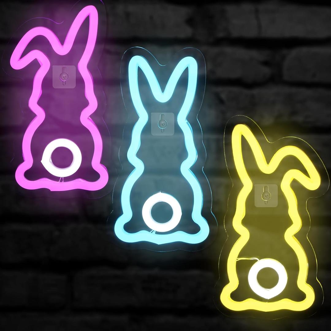 ROCEEI 3 Pcs Easter Neon Signs Bunny Rabbit Egg Neon LED Lights USB Easter Window Lights Wall Window Decor for Party Holiday Night Bedroom Gifts(Bright Rabbit Style)