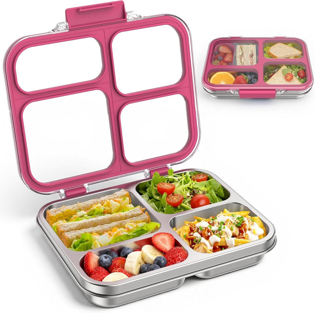Stainless Steel Bento Box for Kids Adults with Silicone Container, Leak Proof 4 Compartments Metal Lunch Box, Removable Silicone Seal & Clear Lid Food Container for School Office, BPA-Free(Pink)