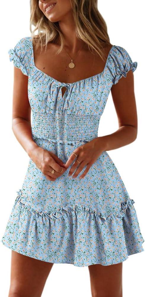 YOBECHO Womens Summer Ruffle Sleeve Sweetheart Neckline Printing Dress Mini Dresses (Medium, A-light Blue)