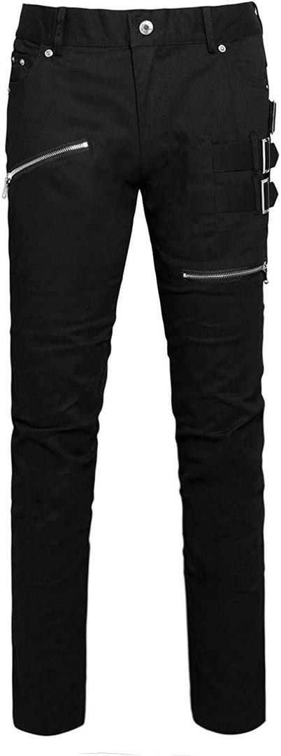 uxcell Men's Casual Slim Fit Punk Gothic Pockets Patch Buckle Zipper Pants Trousers (34, Black)