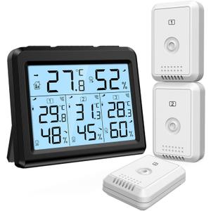 ORIA Indoor Outdoor Thermometer, Digital Hygrometer Thermometer with 3 Wireless Sensors, Temperature Humidity Monitor Meter with LCD Backlight, for Home, Office, Bedroom, Black
