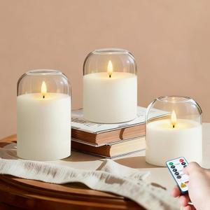 Homemory Glass Flameless Candles, Battery Operated Plliar Candles Realistic Flickering, LED Electric Light with Remote and Timer for Home, Christmas Decoration, White, Set of 3 (D4"xH4"5"6")