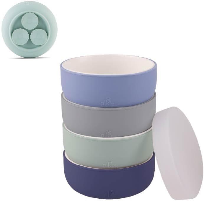 Elk and Friends Kids Porcelain Bowls with Silicone Suction Sleeves | Lids Included | Suitable for Babies/Toddlers | Microwave & Dishwasher Safe | Stay Put Dinnerware | Snack Dishes | 4 Pack