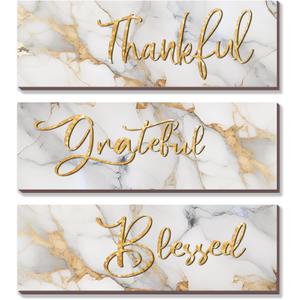 ONIZHITY 3Pcs White and Gold Bathroom Decor White Gold Wall Decor Thankful Grateful Blessed Quote Marble Style Versatile Home Art for Motivation Girls Bedroom Living Room Office (12x4'')