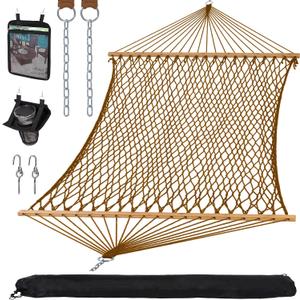 SUNCREAT Portable 2 Person Hammock with Carrying Bag, Tree Hooks, Magazine Bag, Bottle Holder, Heavy Duty Hanging Tree Hammock, Brown