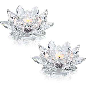 Crystal Lotus Flower Tealight Candle Holders/Glass Tea Light Candlestick Decor Decoration for Christmas Home Wedding Party (Clean 2pcs)