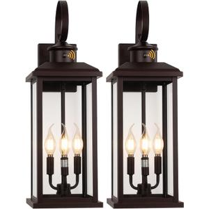 2Pack Dusk to Dawn Outdoor Wall Light Fixture, 24in Bronze Large 3-Light Modern Porch Lantern, Waterproof Exterior Lighting Sconce Wall Mount, Outside Lamp for House Garage Patio E12 Base