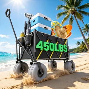 Premium 10.5" Balloon Wheels Beach Wagon - 450LBS Heavy Duty Sand Wagon, Foldable All Terrain Collapsible Utility Wagon with Removable Cooler Bag, Easy Roll for Soft Sand Family Camping-Black