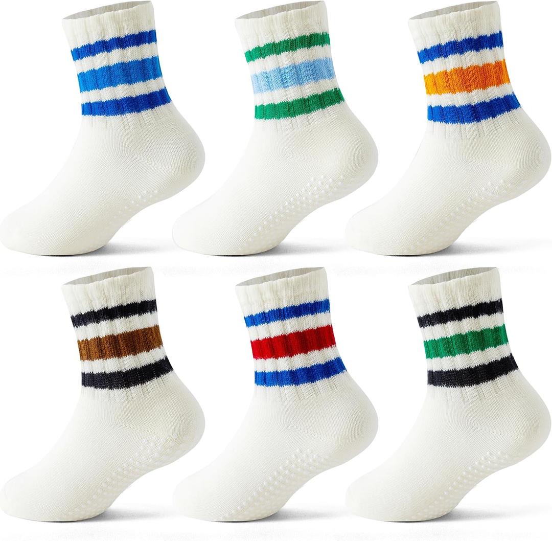 Toddler Socks with Grips, Seamless Non-Slip Crew Baby Boy Girl Grippy Socks (Beige, L)