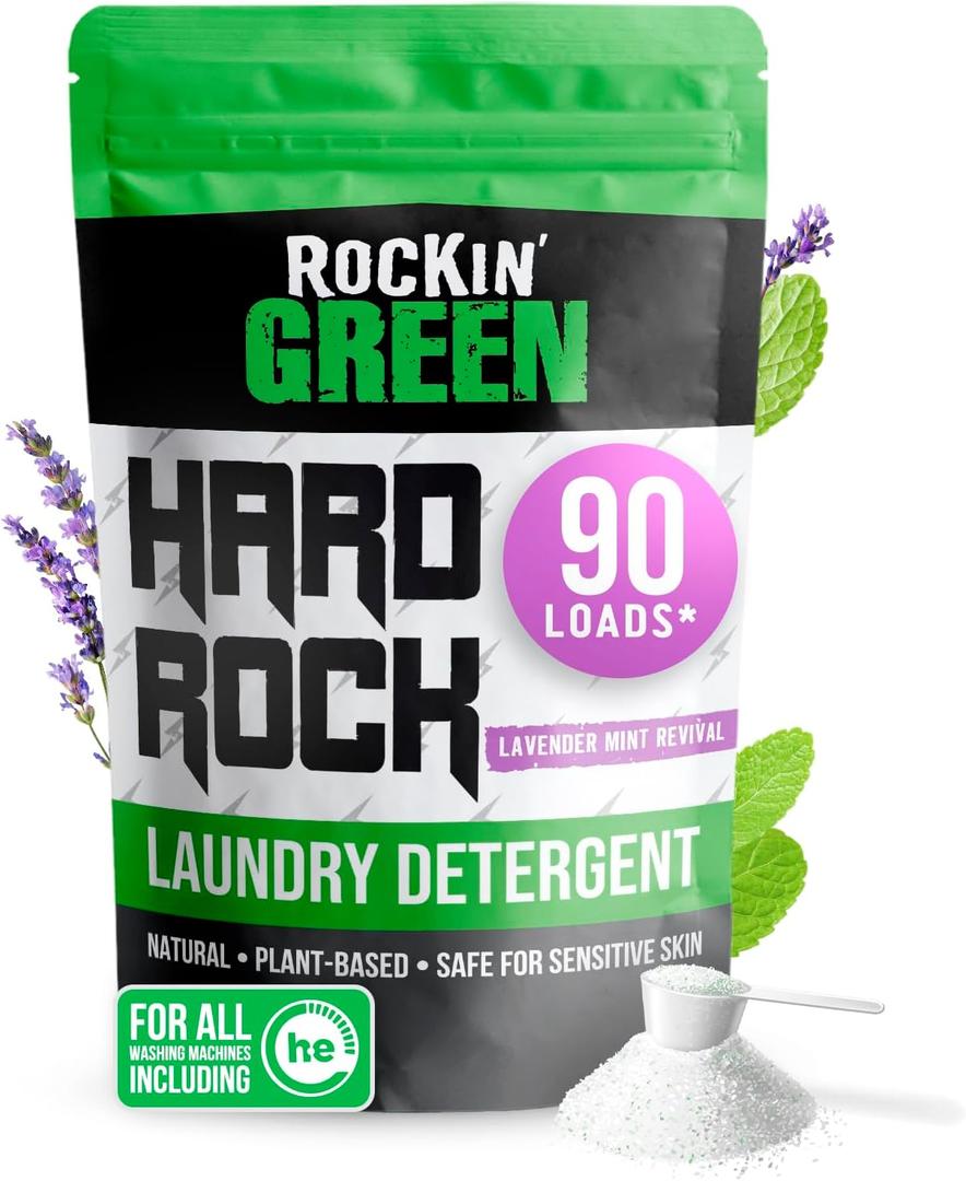 Rockin' Green Hard Rock Laundry Detergent for Hard Water (90 Loads), Plant based, Natural Laundry Detergent Powder, Biodegradable Odor Fighter, Safe for Sensitive Skin, 45 oz (Lavender Mint Revival) (90 Loads)