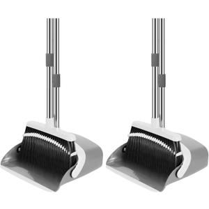 NACENA Broom and Dustpan Set, 52-in Long Adjustable Handle Broom Dustpan Combo with Dustpan Teeth to Automatically Clean Hair Suitable for Home Kitchen Office Hall Floor (Grey&White), 2 Pack