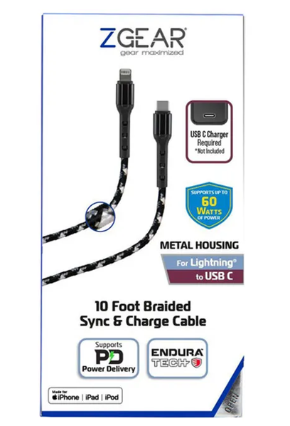 Zgear MFi Lightning/C Fast Charge Braided Cable with EnduraTech, 10ft