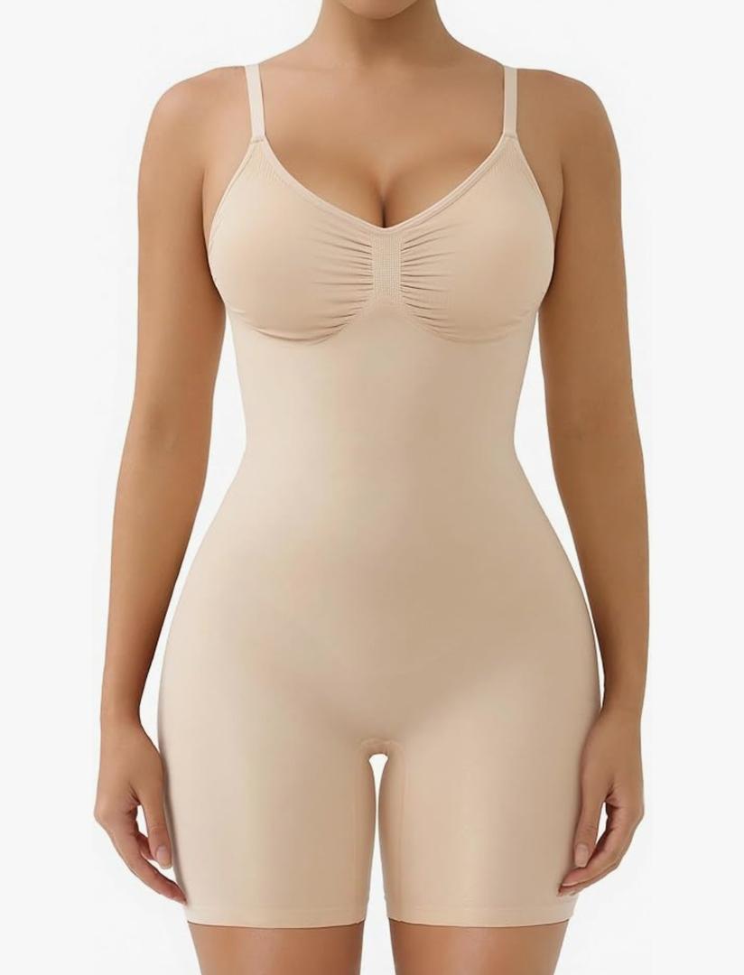 Women's Seamless Shapewear Tummy Control Bodysuit with Removable Pads Mid Thigh Body Shaper, S