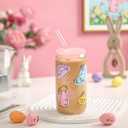 Easter Bunny Glass Cup with Lid and Straw, 16 oz Iced Coffee Glass Tumbler, Cute Bunny Cup for Cold Drinks, Easter Basket Stuffers, Easter Gifts for Women Girls Teens
