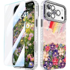 MATEPROX Compatible with iPhone 17 Pro Max Case 6.9''[2025],Oil Painting Printed Rainbow Flowers Clouds Laser Glossy Pattern, Durable Protective Stylish Cute Exquisite Phone Cover for Girls Women