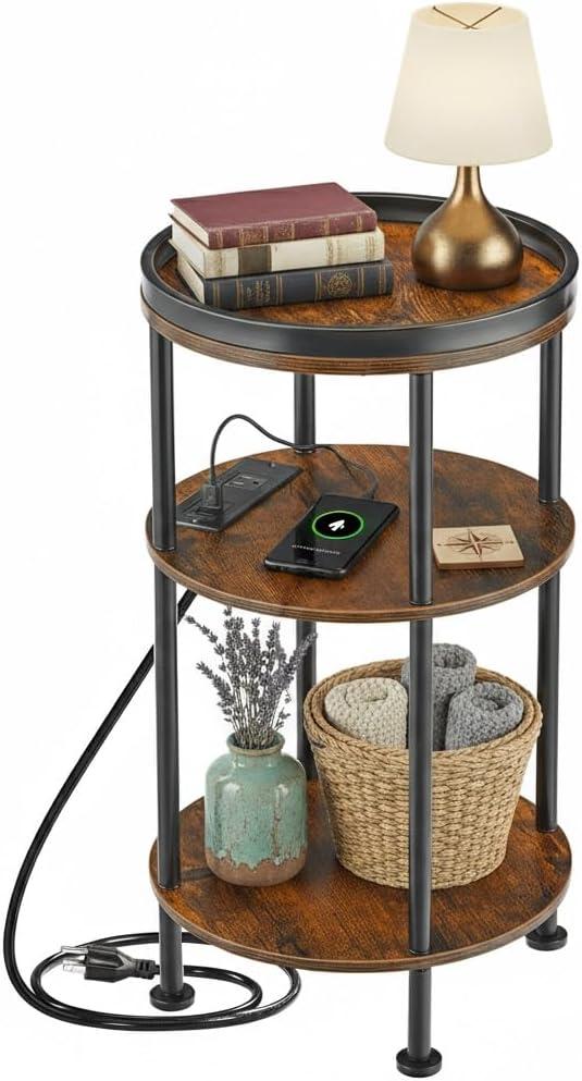 Small Round Side Table with Charging Station for Small Spaces, 3-Tier Accent Table with USB Ports & Power Outlets, Sofa Corner Tea Table for Living Room Nightstand Bedroom Apartment (Black)