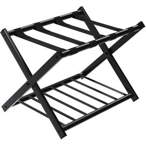 Tangkula Luggage Rack, Folding Metal Suitcase Luggage Stand, Double Tiers Luggage Holder with Shoe Shelf, Luggage Stand for Bedroom, Guest Room, Hotel (Black) (1 Pack)